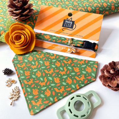 Cat Bandana - "Squirrel Bounty" - Acorn Green Bandana for Cat + Small Dog / Nature Lover, Fall, Thanksgiving / Slide-On Over the Collar Bandana