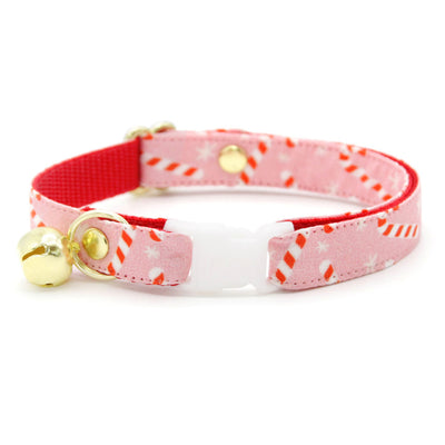 Cat Collar + Flower Set - "Candy Christmas" - Pink Candy Cane Cat Collar + Specialty Christmas Red Poinsettia Felt Flower (Detachable)