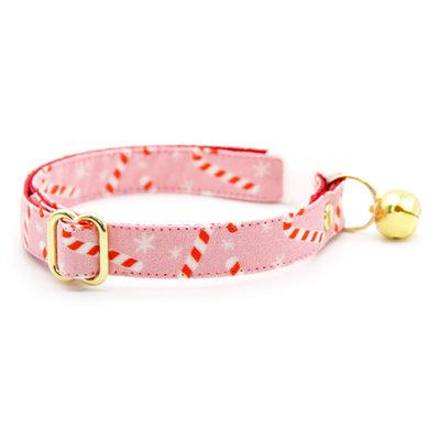 Cat Collar + Flower Set - "Candy Christmas" - Pink Candy Cane Cat Collar + Specialty Christmas Red Poinsettia Felt Flower (Detachable)