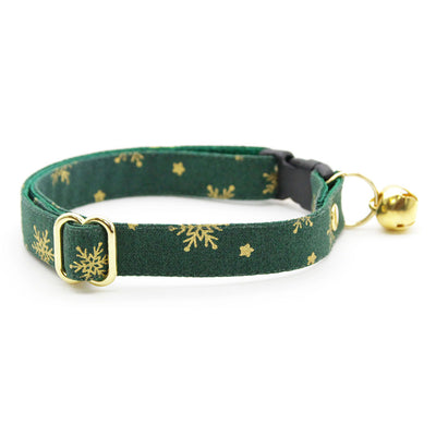 Cat Collar + Flower Set - "Juniper" - Holiday Green & Gold Snowflake Cat Collar + Specialty Christmas Red Poinsettia Felt Flower (Detachable)