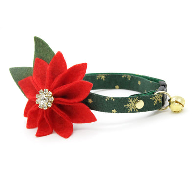 Cat Collar + Flower Set - "Juniper" - Holiday Green & Gold Snowflake Cat Collar + Specialty Christmas Red Poinsettia Felt Flower (Detachable)