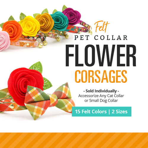 Pet Flower Corsages (15 Felt Colors) - Sold Individually - For Cat Collar + Small Dog Collar / Wedding Pet / Standard or Mini Size Option