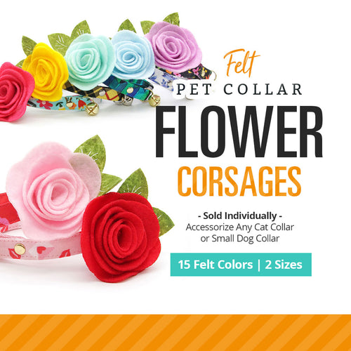 Pet Flower Corsages (15 Felt Colors) - Sold Individually - For Cat Collar + Small Dog Collar / Wedding Pet / Standard or Mini Size Option