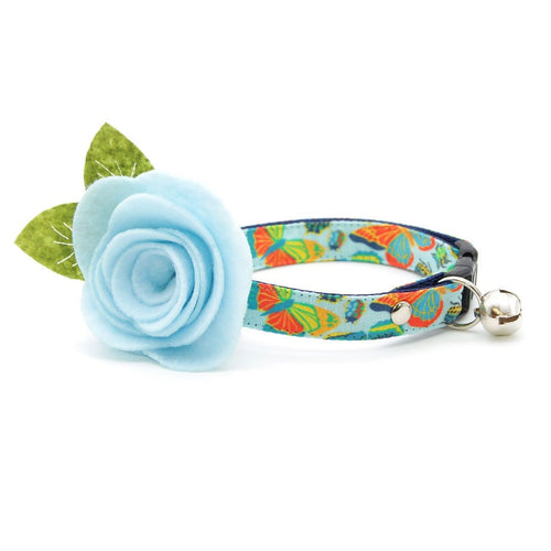 Cat Collar + Flower Set - "Bugs & Butterflies" - Blue Butterfly Cat Collar w/ Sky Blue Felt Flower (Detachable)