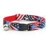 Patriotic Cat Collar + Flower Set - "Stars & Stripes" - Red White & Blue USA Flag 4th of July Cat Collar w/ Scarlet Red Felt Flower (Detachable)