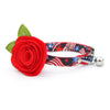 Patriotic Cat Collar + Flower Set - "Stars & Stripes" - Red White & Blue USA Flag 4th of July Cat Collar w/ Scarlet Red Felt Flower (Detachable)