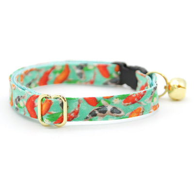 Cat Collar and Bunny Ear Bow Set - "Koi Pond" - Goldfish Green Cat Collar w/ Matching Bunny Bow Tie / Asian, Japanese, Carp, Zen / Cat, Kitten + Small Dog Sizes