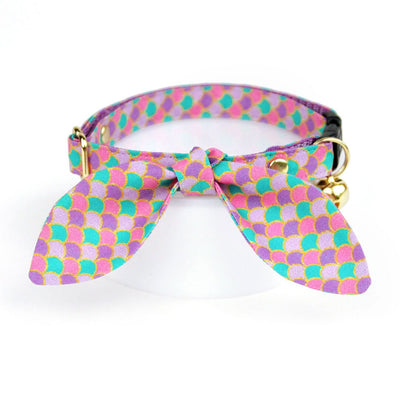 Cat Collar and Bunny Ear Bow Set - "Mermaid Song" - Fish Scales Pink, Teal & Purple Cat Collar w/ Matching Bunny Bow Tie / Summer, Ocean / Cat, Kitten + Small Dog Sizes