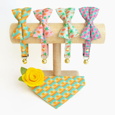 Sun Bowtie Cat Collar Set - "Sunrise" - Boho Retro Sunset Yellow Cat Collar with Bow Tie / Desert, Summer / Cat, Kitten, Small Dog Sizes