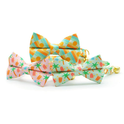Tropical Cat Bow Tie - "Palms & Popsicles - Green" - Palm Trees Bow Tie for Cat / Pastel Summer Beach Popsicle / Cat + Small Dog Bowtie
