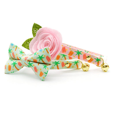 Tropical Bowtie Cat Collar Set - "Palms & Popsicles - Green" - Palm Tree Popsicle Cat Collar with Bow Tie / Summer, Ice Cream, Food / Cat, Kitten, Small Dog Sizes