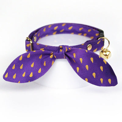 Cat Collar and Bunny Ear Bow Set - "Splash - Purple Rain" - Raindrops Cat Collar w/ Matching Bunny Bow Tie / Storm, Emo, Prince Fan / Cat, Kitten + Small Dog Sizes