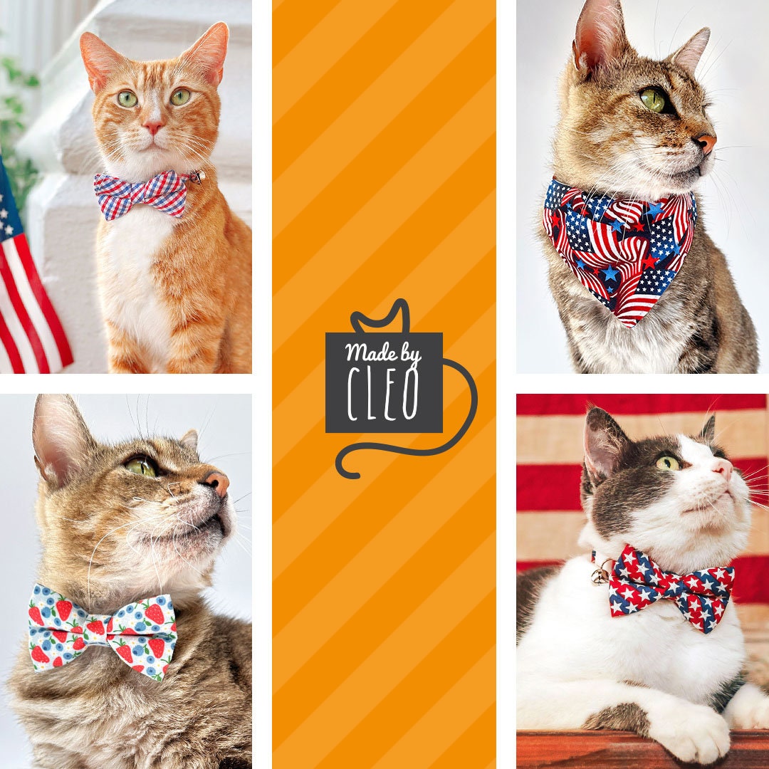 Patriotic Cat Collar Flower Set Stars Stripes Red White Bl