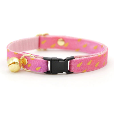 Pink Cat Collar - "Splash - Pink Ombre" - Aquatic Rain Water Droplets Gold & Pink Cat Collar / Breakaway Buckle or Non-Breakaway / Cat, Kitten + Small Dog Sizes