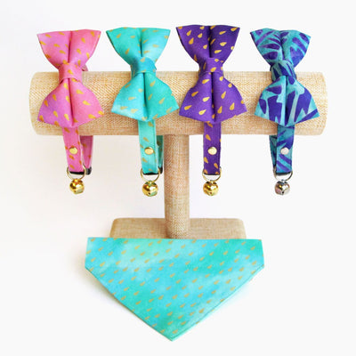 Turquoise Cat Bow Tie - "Splash - Aqua Ombre" - Aquatic Water Raindrops Bow Tie for Cat / Teal, Mint, Summer / Cat + Small Dog