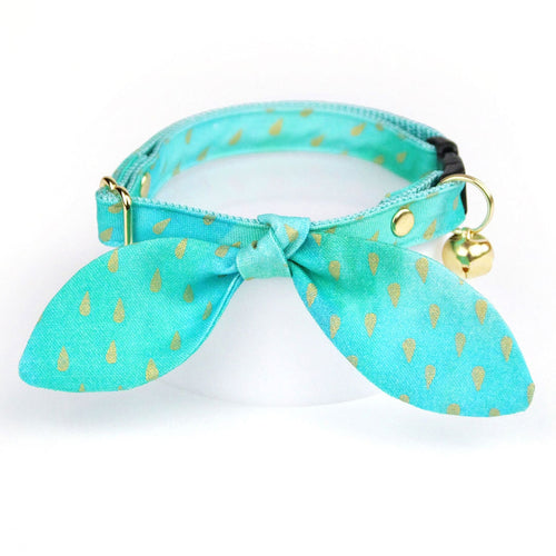 Cat Collar and Bunny Ear Bow Set - "Splash - Aqua Ombre" - Rain Water Droplets Aquatic Cat Collar w/ Matching Bunny Bow Tie / Cat, Kitten + Small Dog Sizes