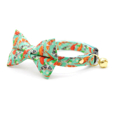 Fish Bowtie Cat Collar Set - "Koi Pond" - Goldfish Green Cat Collar with Bow Tie / Asian, Japanese, Carp / Cat, Kitten, Small Dog Sizes