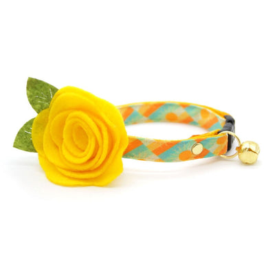 Sun Cat Collar + Flower Set - "Sunrise" - Boho Retro Sunset Yellow Cat Collar + Buttercup Yellow Felt Flower (Detachable) / Cat, Kitten + Small Dog Sizes