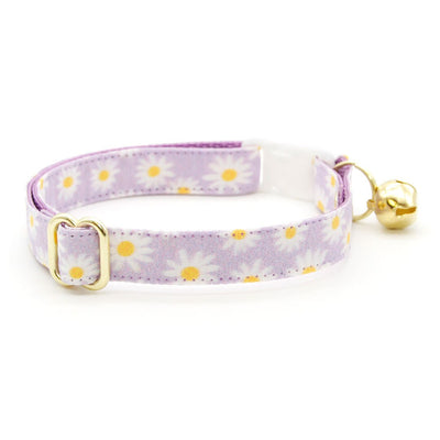 Cat Collar and Bunny Ear Bow Set - "Daisies - Purple" - Floral Light Purple Daisy Cat Collar with Matching Bunny Bow Tie / Spring, Easter, Summer / Cat, Kitten + Small Dog Sizes