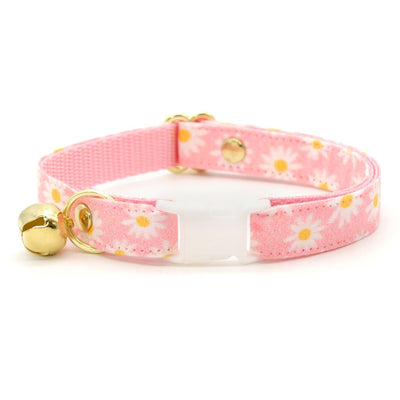 Cat Collar and Bunny Ear Bow Set - "Daisies - Pink" - Floral Pink Daisy Cat Collar with Matching Bunny Bow Tie / Spring, Easter, Summer / Cat, Kitten + Small Dog Sizes