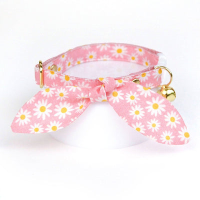 Cat Collar and Bunny Ear Bow Set - "Daisies - Pink" - Floral Pink Daisy Cat Collar with Matching Bunny Bow Tie / Spring, Easter, Summer / Cat, Kitten + Small Dog Sizes