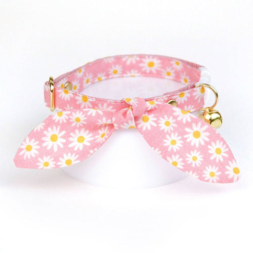 Cat Collar and Bunny Ear Bow Set - "Daisies - Pink" - Floral Pink Daisy Cat Collar with Matching Bunny Bow Tie / Spring, Easter, Summer / Cat, Kitten + Small Dog Sizes