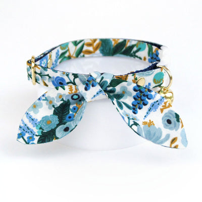 Cat Collar and Bunny Ear Bow Set - "Indigo Garden" - Rifle Paper Co® Blue Floral Cat Collar with Matching Bunny Bow Tie / Cat, Kitten + Small Dog Sizes