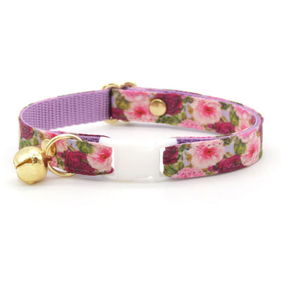 Cat Collar and Bunny Ear Bow Set - "Pretty in Peony - Purple" - Peonies Floral Cat Collar with Matching Bunny Bow Tie / Cat, Kitten + Small Dog Sizes