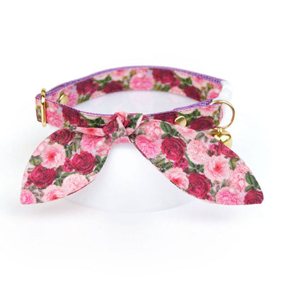 Cat Collar and Bunny Ear Bow Set - "Pretty in Peony - Purple" - Peonies Floral Cat Collar with Matching Bunny Bow Tie / Cat, Kitten + Small Dog Sizes