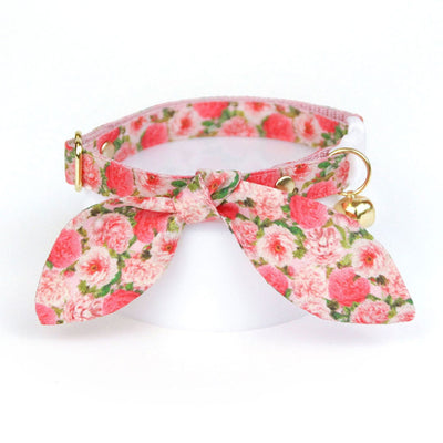 Cat Collar and Bunny Ear Bow Set - "Pretty in Peony - Pink" - Peonies Floral Cat Collar with Matching Bunny Bow Tie / Cat, Kitten + Small Dog Sizes