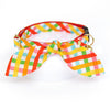 Cat Collar and Bunny Ear Bow Set - "Maypole" - Red Multicolor Check Plaid Cat Collar with Matching Bunny Bow Tie / Cat, Kitten + Small Dog Sizes