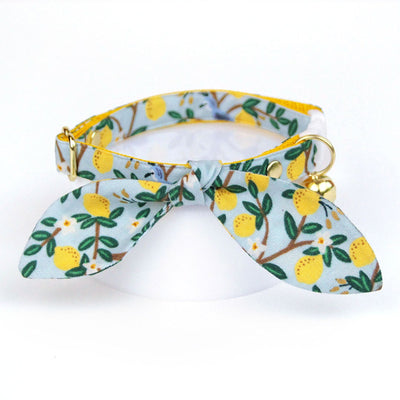 Cat Collar and Bunny Ear Bow Set - "Lemon Drops" - Rifle Paper Co® Yellow Fruit Lemon Cat Collar with Matching Bunny Bow Tie / Cat, Kitten + Small Dog Sizes