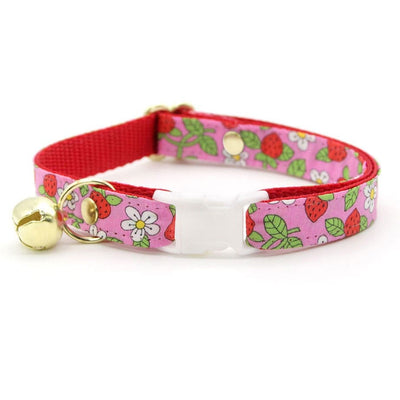 Cat Collar and Bunny Ear Bow Set - "Wild Strawberry - Pink" - Red & Pink Fruit Floral Strawberry Cat Collar with Matching Bunny Bow Tie / Cat, Kitten + Small Dog Sizes