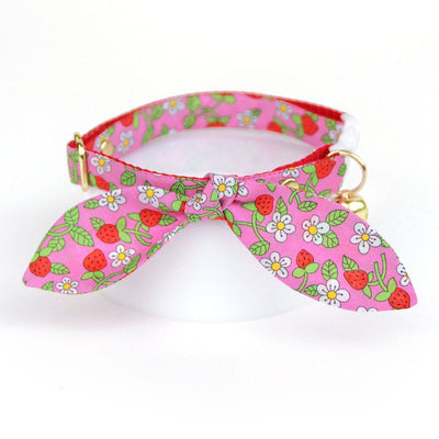 Cat Collar and Bunny Ear Bow Set - "Wild Strawberry - Pink" - Red & Pink Fruit Floral Strawberry Cat Collar with Matching Bunny Bow Tie / Cat, Kitten + Small Dog Sizes