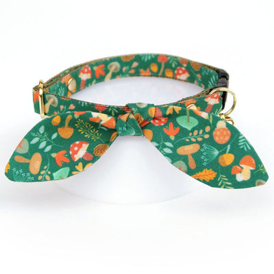 Cat Collar and Bunny Ear Bow Set - "Forest Fantasy" - Mushrooms, Toadstools & Acorns Green Cat Collar with Matching Bunny Bow Tie / Cat, Kitten + Small Dog Sizes