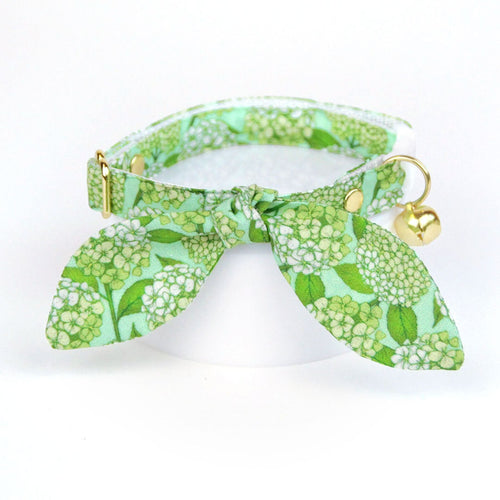 Cat Collar and Bunny Ear Bow Set - "Hydrangea Hill" - Botanical Floral Green Cat Collar with Matching Bunny Bow Tie / Cat, Kitten + Small Dog Sizes