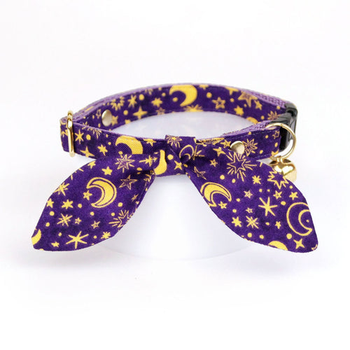 Cat Collar and Bunny Ear Bow Set - "Moonlight - Purple" - Night Sky Celestial Purple Star & Moon Cat Collar with Matching Bunny Bow Tie / Cat, Kitten + Small Dog Sizes