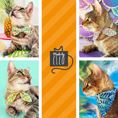 Tropical  Cat Collar + Flower Set - "Palms & Popsicles - Green" - Palm Tree Summer Popsicle Cat Collar + Mint Felt Flower (Detachable) / Cat, Kitten + Small Dog Sizes
