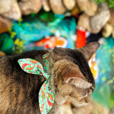 Cat Collar and Bunny Ear Bow Set - "Koi Pond" - Goldfish Green Cat Collar w/ Matching Bunny Bow Tie / Asian, Japanese, Carp, Zen / Cat, Kitten + Small Dog Sizes