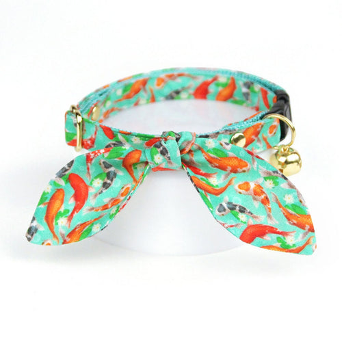 Cat Collar and Bunny Ear Bow Set - "Koi Pond" - Goldfish Green Cat Collar w/ Matching Bunny Bow Tie / Asian, Japanese, Carp, Zen / Cat, Kitten + Small Dog Sizes