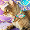 Cat Collar and Bunny Ear Bow Set - "Mermaid Song" - Fish Scales Pink, Teal & Purple Cat Collar w/ Matching Bunny Bow Tie / Summer, Ocean / Cat, Kitten + Small Dog Sizes