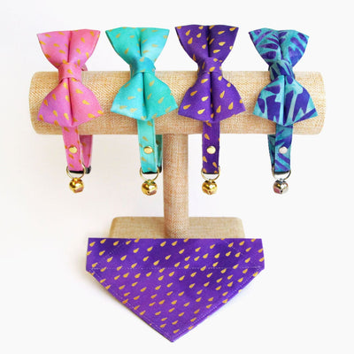 Purple Cat Bow Tie - "Splash - Purple Rain" - Raindrops Purple Bow Tie for Cat / Stormy, Weather, Goth, Emo / Cat + Small Dog Bowtie