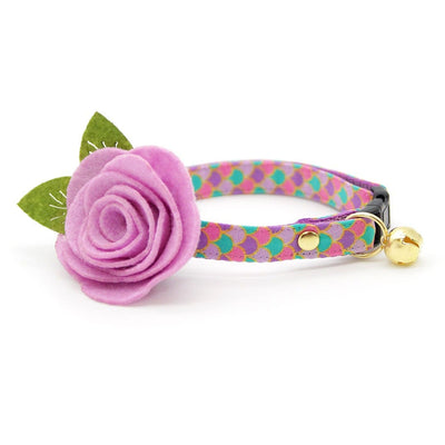 Mermaid Cat Collar + Flower Set - "Mermaid Song" - Pink, Teal & Purple Fish Scales Cat Collar w/ Lavender Felt Flower (Detachable) / Cat, Kitten + Small Dog Sizes