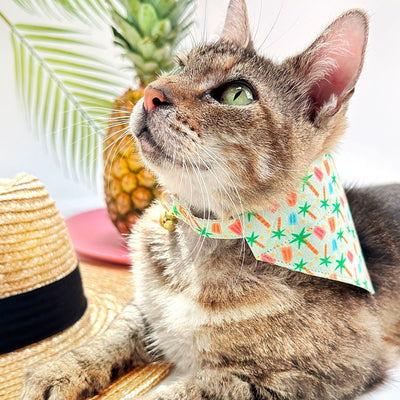 Tropical Cat Bandana - "Palms & Popsicles - Green" - Popsicle Palm Tree Bandana for Cat + Small Dog / Summer, Ice Cream / Slide-On Over the Collar Bandana
