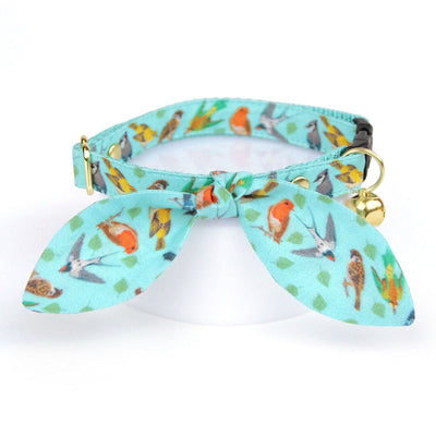 Cat Collar and Bunny Ear Bow Set - "Birds of a Feather" - Robin's Egg Blue Bird Cat Collar with Matching Bunny Bow Tie / Cat, Kitten + Small Dog Sizes