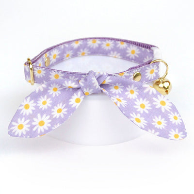 Cat Collar and Bunny Ear Bow Set - "Daisies - Purple" - Floral Light Purple Daisy Cat Collar with Matching Bunny Bow Tie / Spring, Easter, Summer / Cat, Kitten + Small Dog Sizes