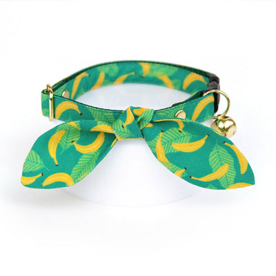 Cat Collar and Bunny Ear Bow Set - "Going Bananas - Green" - Tropical Fruit Banana Cat Collar with Matching Bunny Bow Tie / Cat, Kitten + Small Dog Sizes