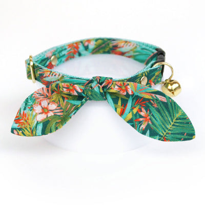 Cat Collar and Bunny Ear Bow Set - "Tropicalia" - Palm Leaf Hawaiian Tropical Cat Collar with Matching Bunny Bow Tie / Summer / Cat, Kitten + Small Dog Sizes