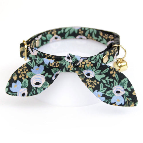 Cat Collar and Bunny Ear Bow Set - "Belladonna" - Rifle Paper Co® Black Floral Cat Collar with Matching Bunny Bow Tie / Cat, Kitten + Small Dog Sizes