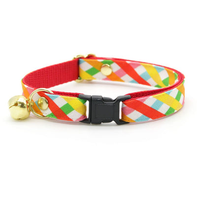 Cat Collar and Bunny Ear Bow Set - "Maypole" - Red Multicolor Check Plaid Cat Collar with Matching Bunny Bow Tie / Cat, Kitten + Small Dog Sizes